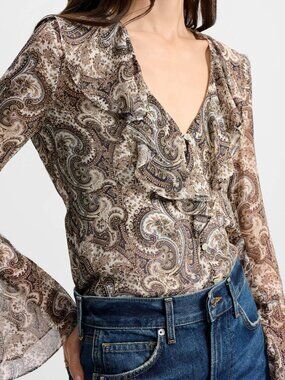 Veronica Beard Silk Blouse: Beige Paisley Ruffled Long-Sleeve Top